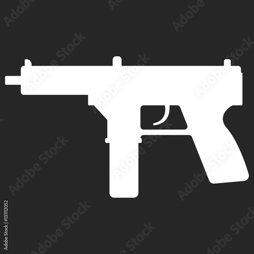 Submachine gun silhouette security and military weapon. Metal automatic gun. Criminal and police firearm vector illustration isolated on white.