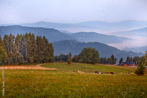 Piękny wschód słońca w górskim mieście Muszyna. Beautiful sunrise in the mountain in Muszyna - Poland. Polish mountain landscape.