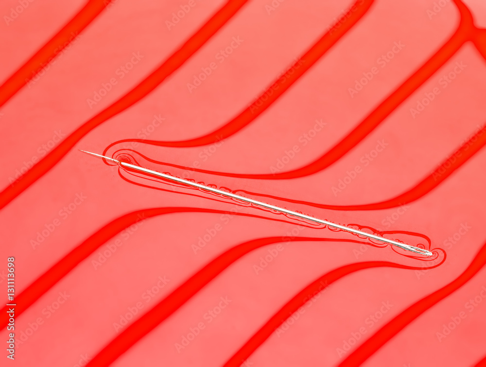 Physical experiment - needle floats on water surface. Physical experiment - needle floats on water surface.