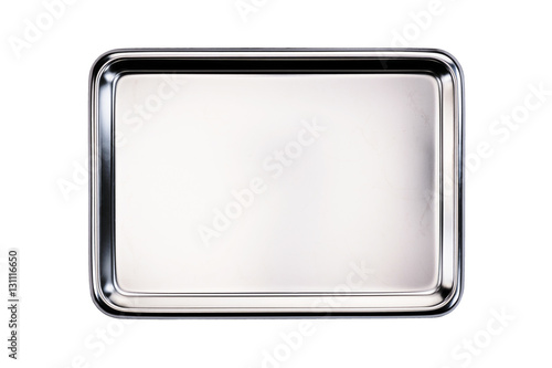 Stainless tray / Stainless tray on white background. Top view. photo