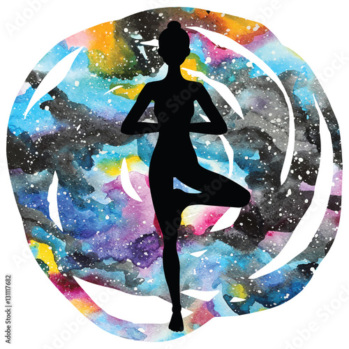 Women silhouette. Tree yoga pose. Vrikshasana.