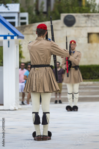 The Changing of the Guard ceremony takes place in front of the Greek Parliament Building