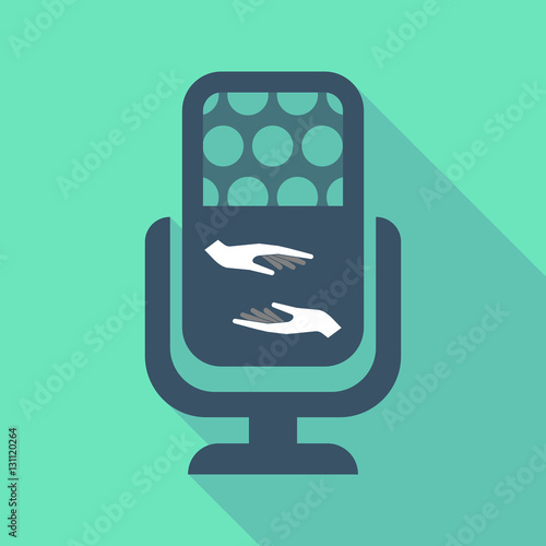Long shadow microphone  with  two hands giving and receiving  or