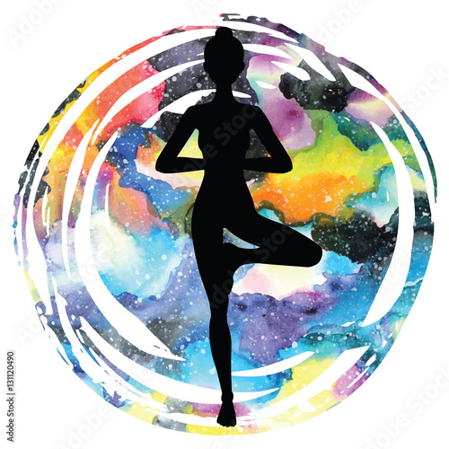 Women silhouette. Tree yoga pose. Vrikshasana.