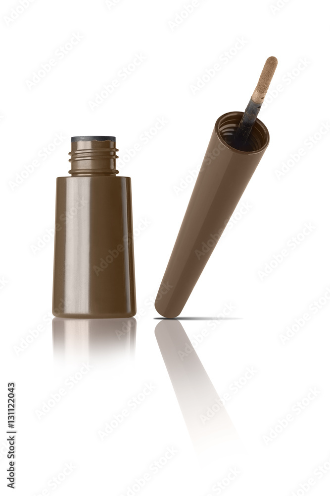 Light brown color cosmetic eyebrow powder brush with open container, tilted view with nice reflection on the surface, beauty product isolated on white background, clipping paths included