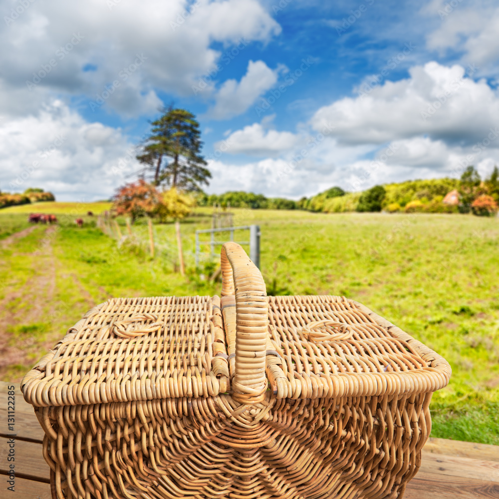 Picnic basket on wooden steps, ready for a walk on the farm Picnic basket on wooden steps, ready for a walk on the farm