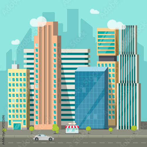 Cityscape vector illustration, flat style city buildings near road and promenade area, modern big skyscrapers town, urban street landscape