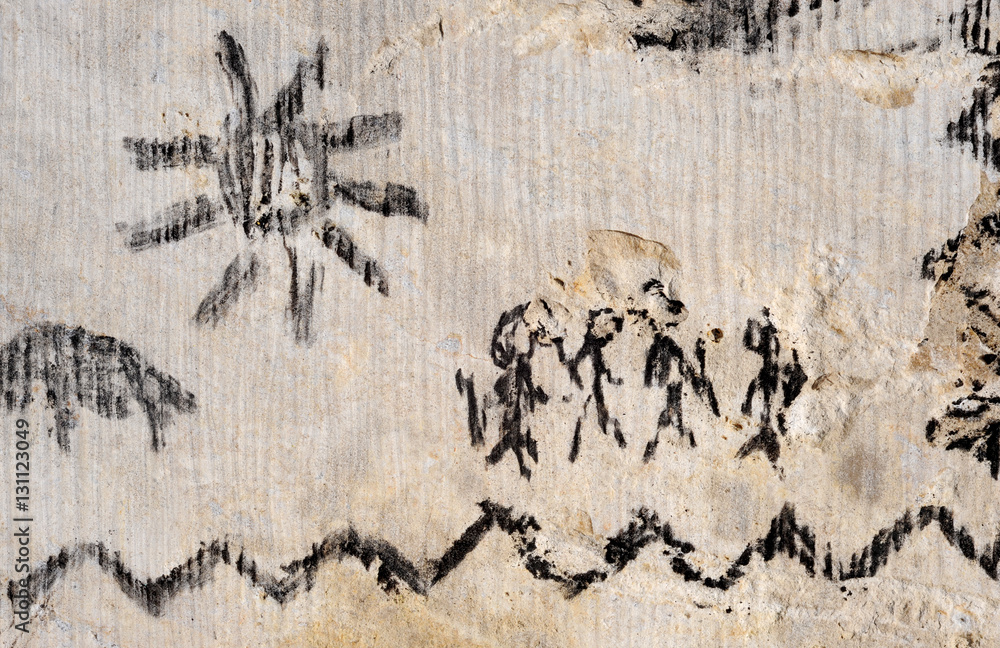 Primitive Zeichnung einer Gruppe auf Felsen Primitive Zeichnung einer Gruppe auf Felsen