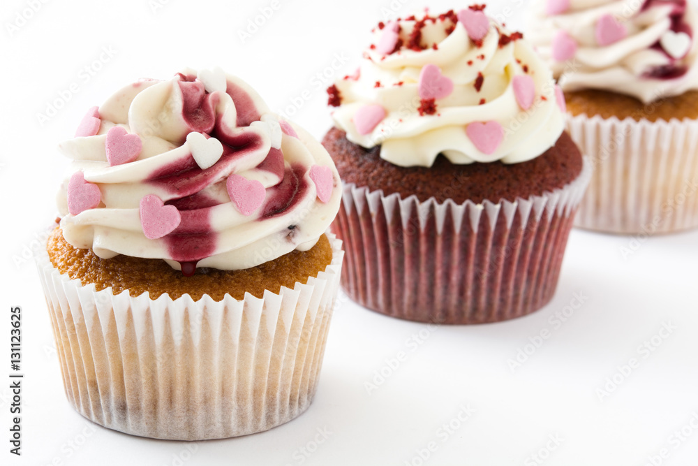Valentine cupcakes decorated with sweet hearts isolated on white background.copyspace
