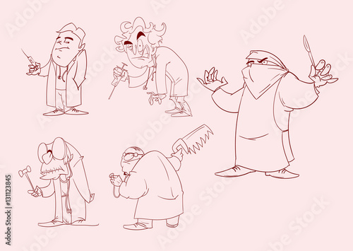 Line drawing vector illustration of a cartoon crazy doctor