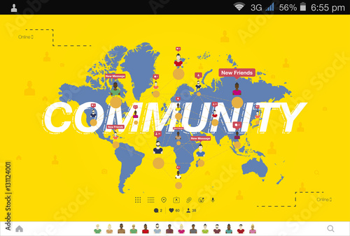 Banner global community and teamwork. World map on background. Flat vector illustration.