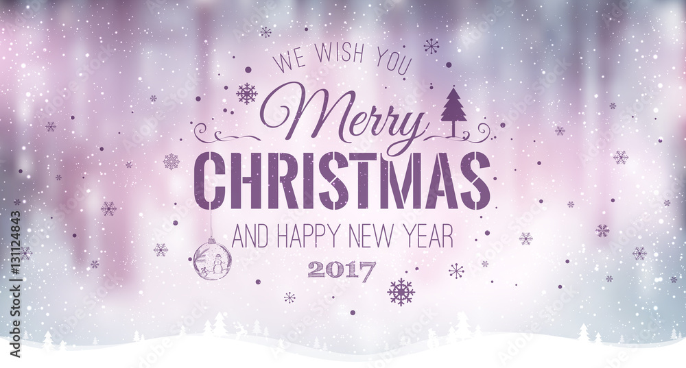 Merry Christmas and New Year typographical on holidays background with winter landscape with snowflakes, light, stars. Vector Illustration. Xmas card Merry Christmas and New Year typographical on holidays background with winter landscape with snowflakes, light, stars. Vector Illustration. Xmas card