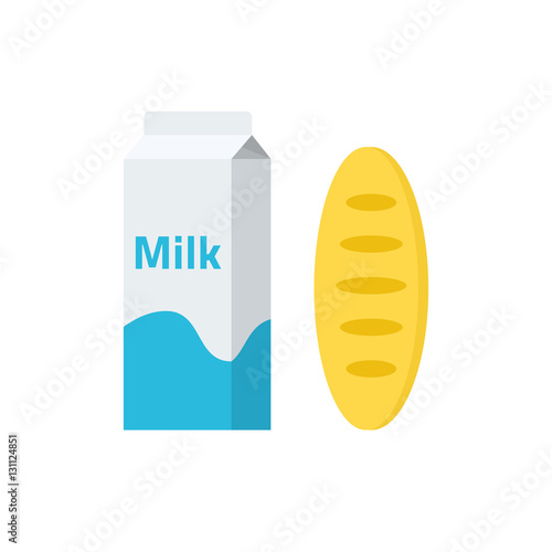 Food and drinks vector concept, carton milk box and long bread loaf flat style icon, breakfast meal isolated on white background