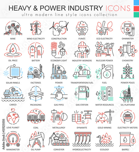 Vector Heavy and Power industry color line outline icons for apps and web design. Heavy Power industry icons.