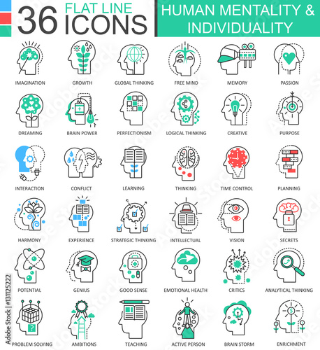Vector Human mentality individuality flat line outline icons for apps and web design. Human mentality icon.