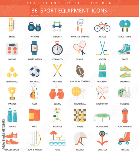 Vector Sport equipment color flat icon set. Elegant style design Sport equipment web icon.