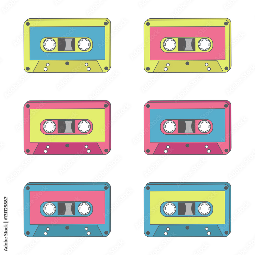 Audio tapes of different colours. Technology 70s. Vector illustration. Audio tapes of different colours. Technology 70s. Vector illustration.