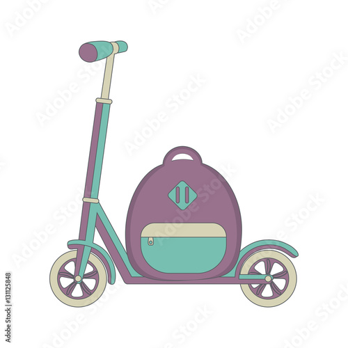 Vector push scooter and backpack. Vector illustration. 