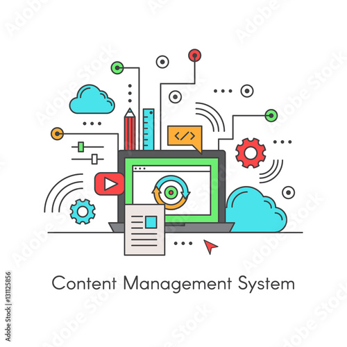 Vector Icon Style Illustration Content Management System CMS computer application to support the creation and modification of digital content. Design with laptop, cloud and content
