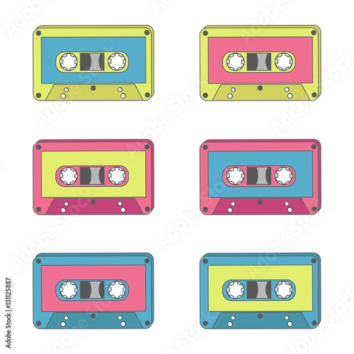 Audio tapes of different colours. Technology 70s. Vector illustration.