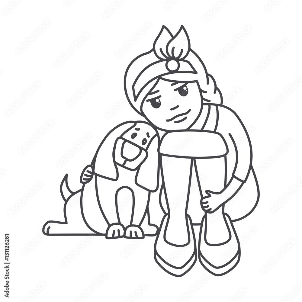 Fototapeta premium Girl sits with, child hugging a dog,