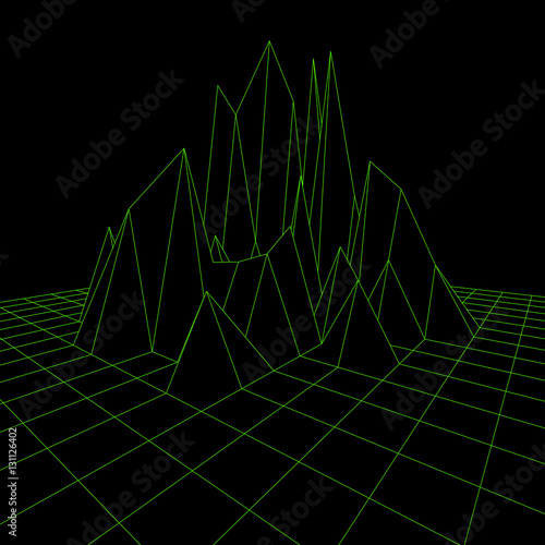 Virtual  3D wire-frame landscape. Vintage computer generated. Vector technology background.