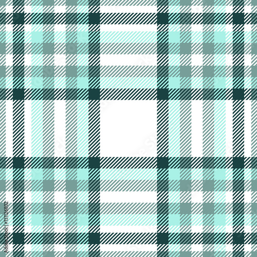 Seamless tartan plaid pattern. Checkered fabric texture in stripes of aquamarine, sage green and dark pine green on white background.
