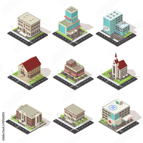 City Buildings And Roads Isometric Set