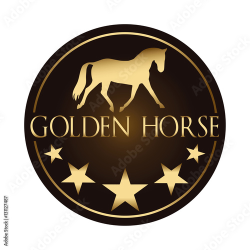 Round logo vector image of golden horse & stars on a dark background. Horse logo template. Logo element, icon. Suitable for riding dressage school, farm, ranch, stable, club logo, visiting card. 