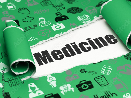 Healthcare concept: black text Medicine under the piece of  torn paper