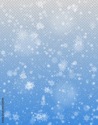Seamless vector white snowfall effect on blue transparent background. Winter falling snow texture. Delicate white snowflake Christmas backdrop. Web page endless fill