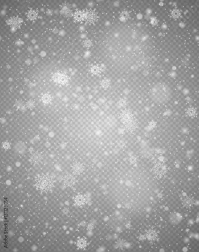 Seamless vector white snowfall effect on gray transparent background. Winter falling snow texture. Delicate white snowflake Christmas backdrop. Web page endless fill © iaroslavka