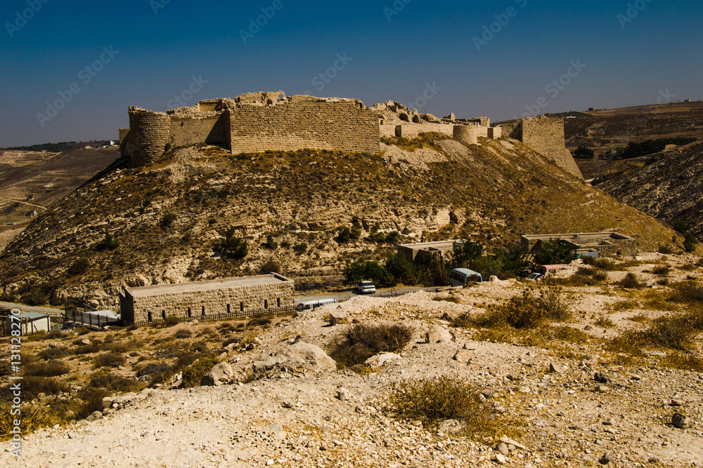 Remains ancient impressive castle on mountain. Shobak crusader fortress. Castle walls. Travel concept. Jordan architecture and attraction
