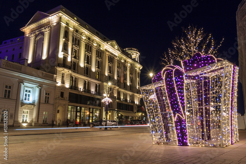 Christmas decorations on Krakowskie Przedmiescie street. Warsaw, Poland