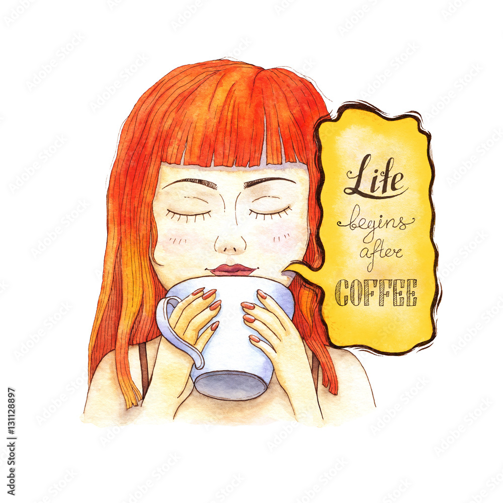 Girl drinking coffee in the morning. Watercolor illustration. Handdrawn inspirational and