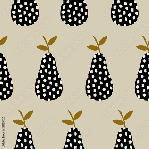 Hand drawn seamless pattern with pears in black, cream and ochre.