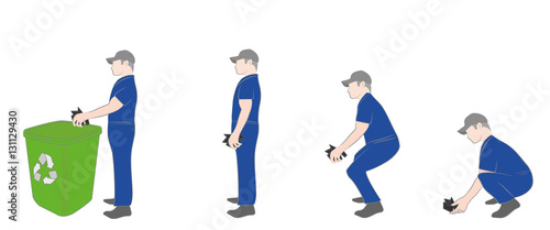 man picks up and throws trash in the trash can. the concept of a clean environment. vector illustration.