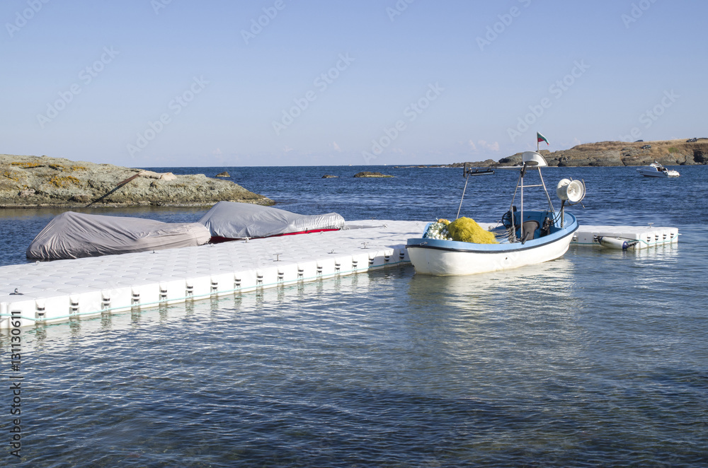 Obraz premium Plastic pontoon with two covered boats and fishing boat