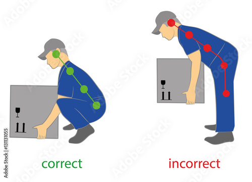 Correct posture to lift a heavy object safely. Illustration of health care. vector illustration