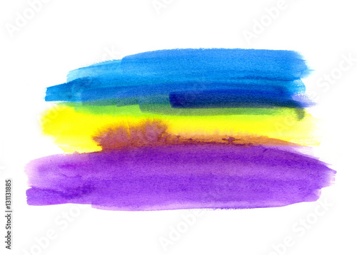 Blue, lilac and yellow watercolor blot on white background