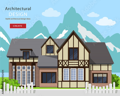 Cute alpine chalet facade. Graphic private house with Mountains background. Flat style vector illustration.