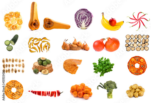 Коллаж из фруктов и овощей на белом фоне
