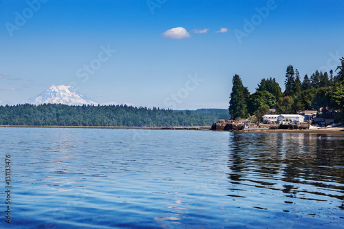 Mount Rainier reflected in the waters of the southern end of Puget Sound