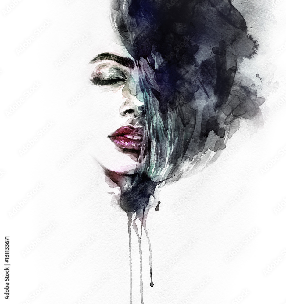 Abstract woman face. Fashion illustration. Watercolor painting - obrazy, fototapety, plakaty 