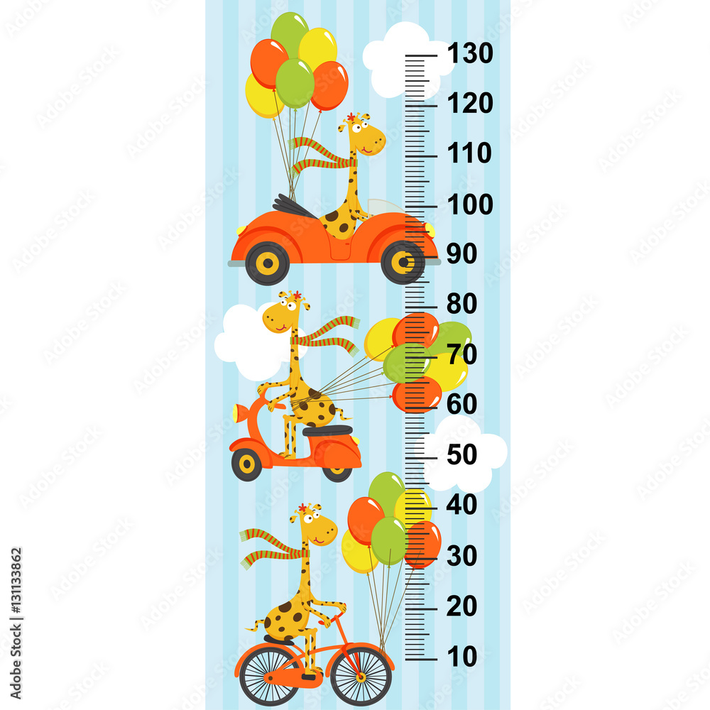 Naklejka premium giraffe flies in sky on bicycle, car, scooter(in original proportions 1:4) - vector illustration, eps 