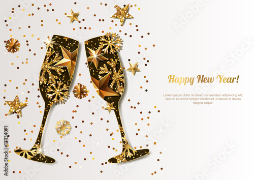 Happy New Year vector greeting card with gold drinking glasses. Holiday glowing background. Stars, snowflakes with golden pattern. Concept for New Year banner, poster, flyer, party invitation.