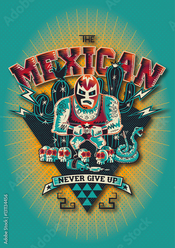 THE MEXICAN cartel con ilustración de luchador mexicano con mascara y calaveras photo