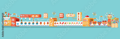 horizontal illustration isolated conveyor for production and packaging candies, lollipops sweets, in flat style photo