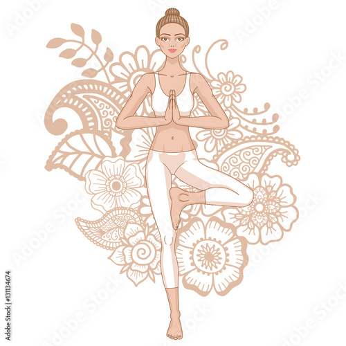 Women silhouette. Yoga tree pose. Vrikshasana.