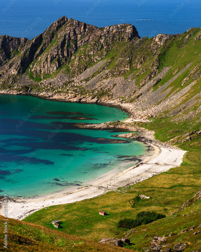Fototapeta premium Aerial view to beach near mountain, Norway